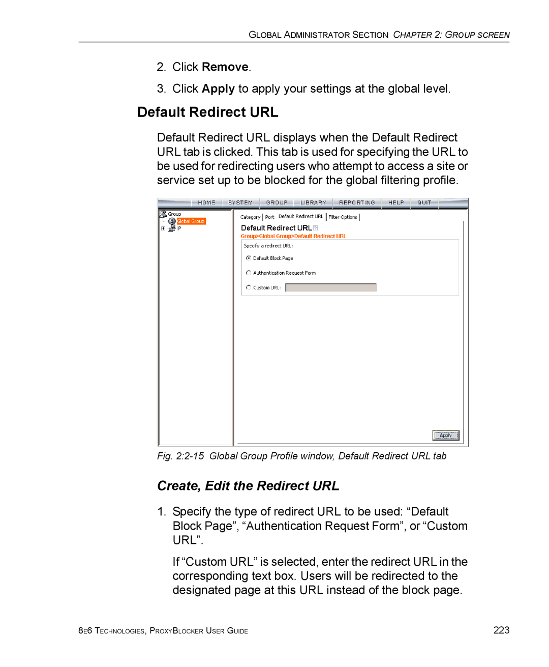 8e6 Technologies ProxyBlocker manual Default Redirect URL, Create, Edit the Redirect URL 