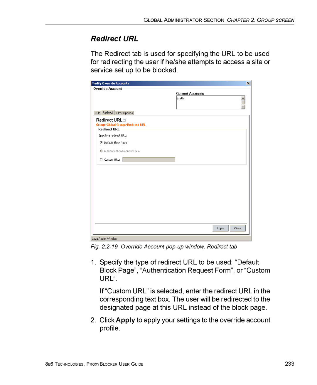 8e6 Technologies ProxyBlocker manual Redirect URL, Override Account pop-up window, Redirect tab 