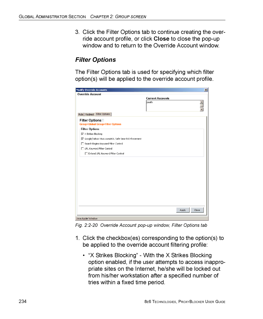 8e6 Technologies ProxyBlocker manual Override Account pop-up window, Filter Options tab 