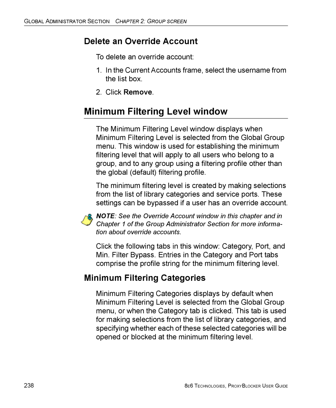 8e6 Technologies ProxyBlocker Minimum Filtering Level window, Delete an Override Account, Minimum Filtering Categories 