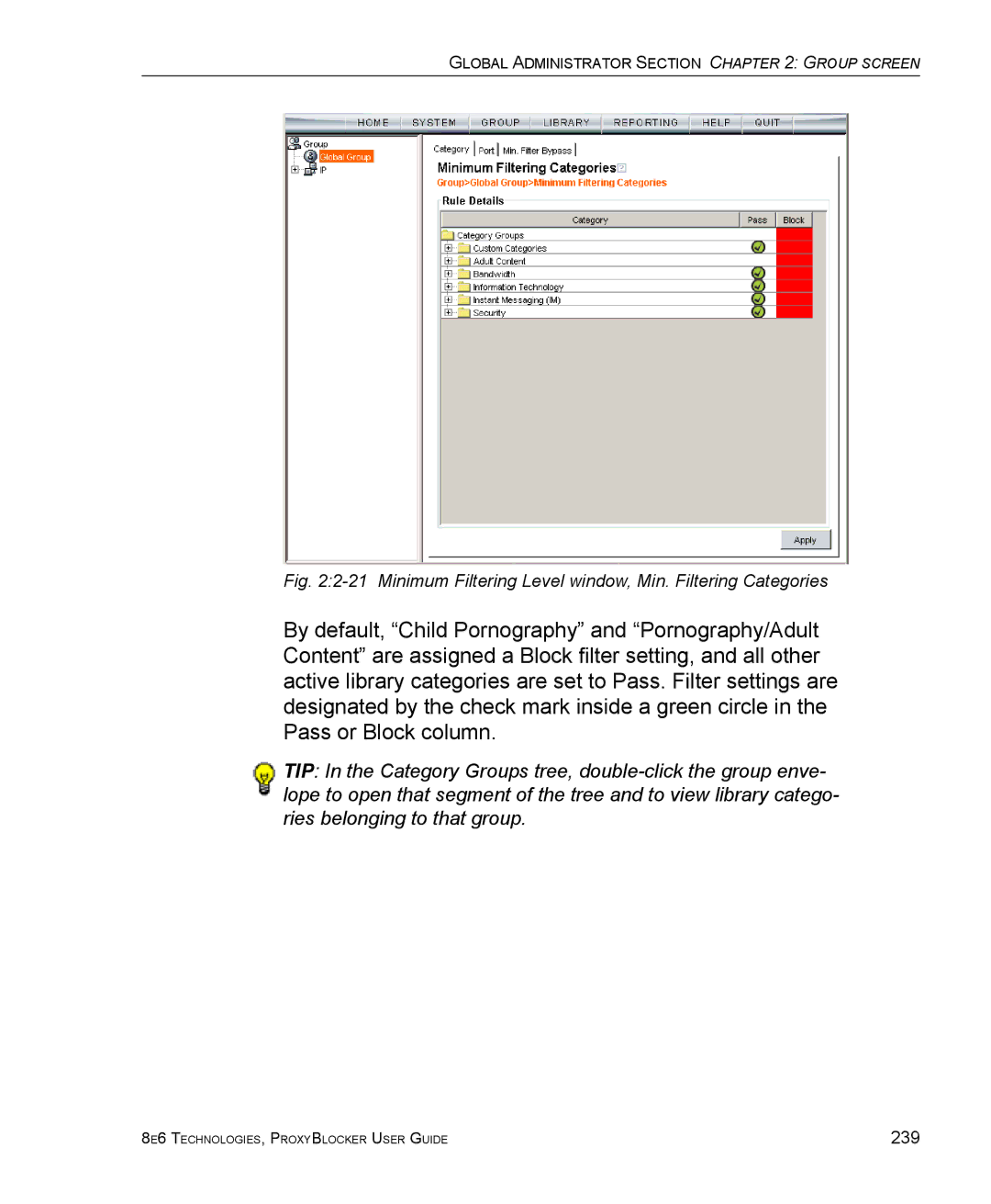 8e6 Technologies ProxyBlocker manual Minimum Filtering Level window, Min. Filtering Categories 