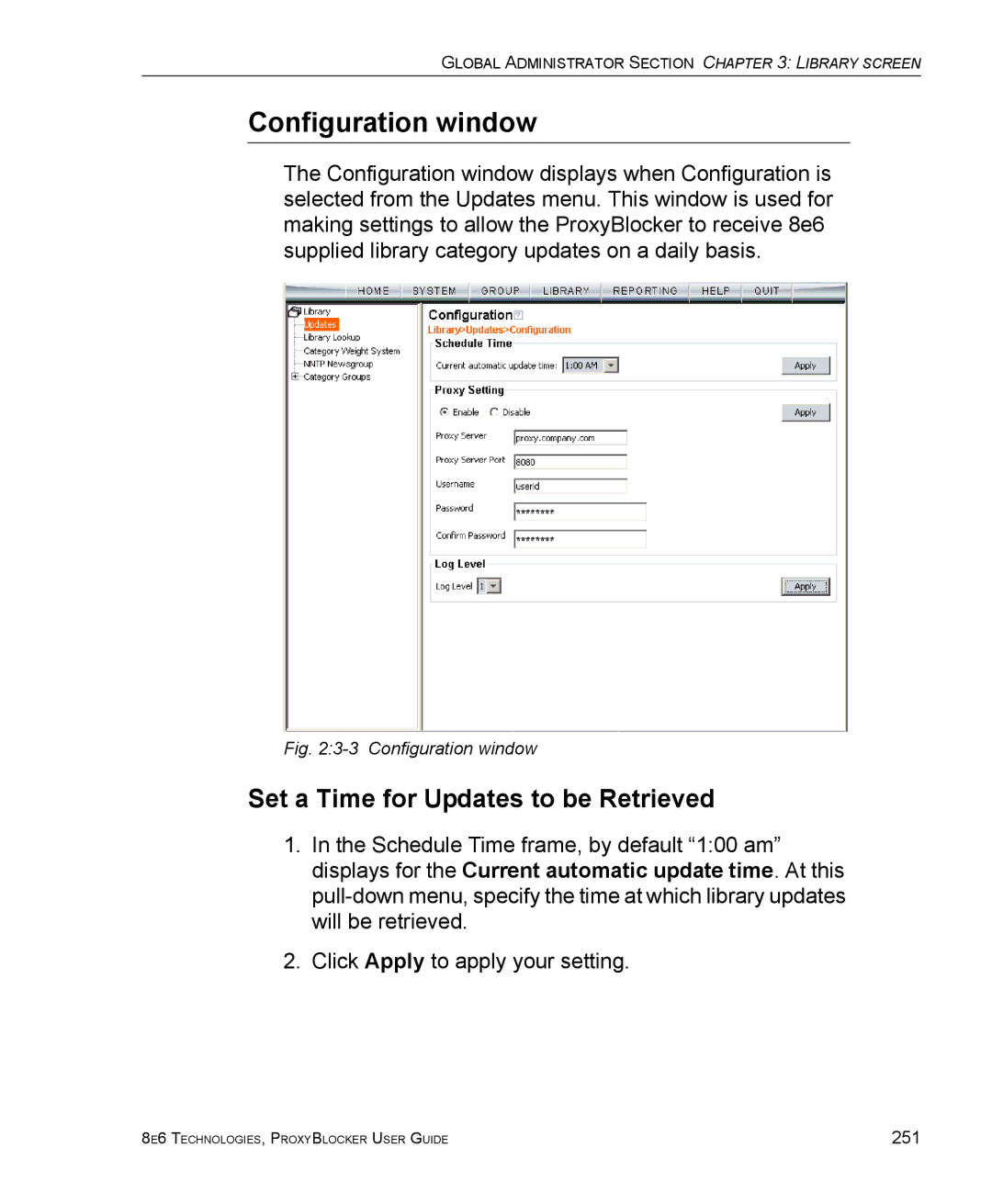 8e6 Technologies ProxyBlocker manual Configuration window, Set a Time for Updates to be Retrieved 