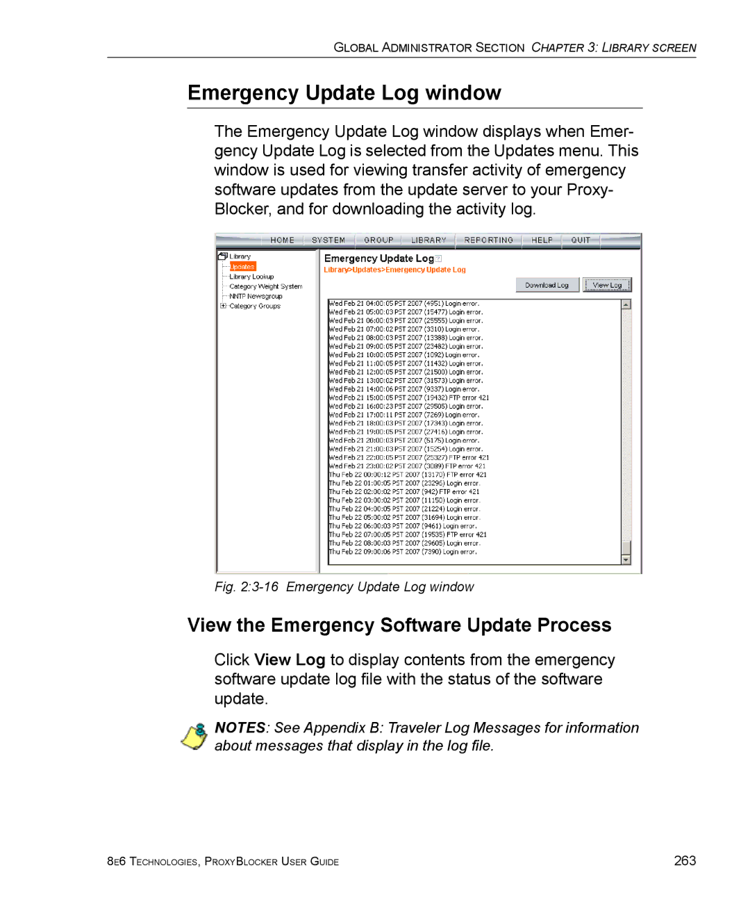 8e6 Technologies ProxyBlocker manual Emergency Update Log window, View the Emergency Software Update Process 