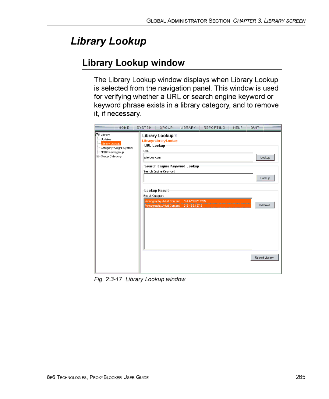 8e6 Technologies ProxyBlocker manual Library Lookup window 