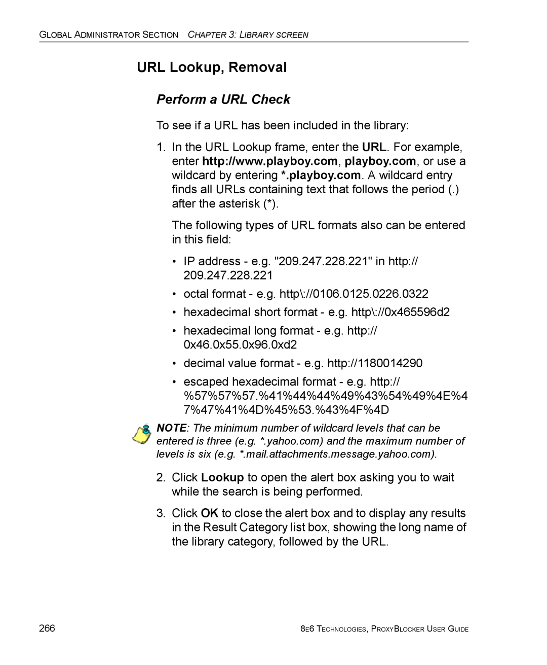 8e6 Technologies ProxyBlocker manual URL Lookup, Removal, Perform a URL Check 