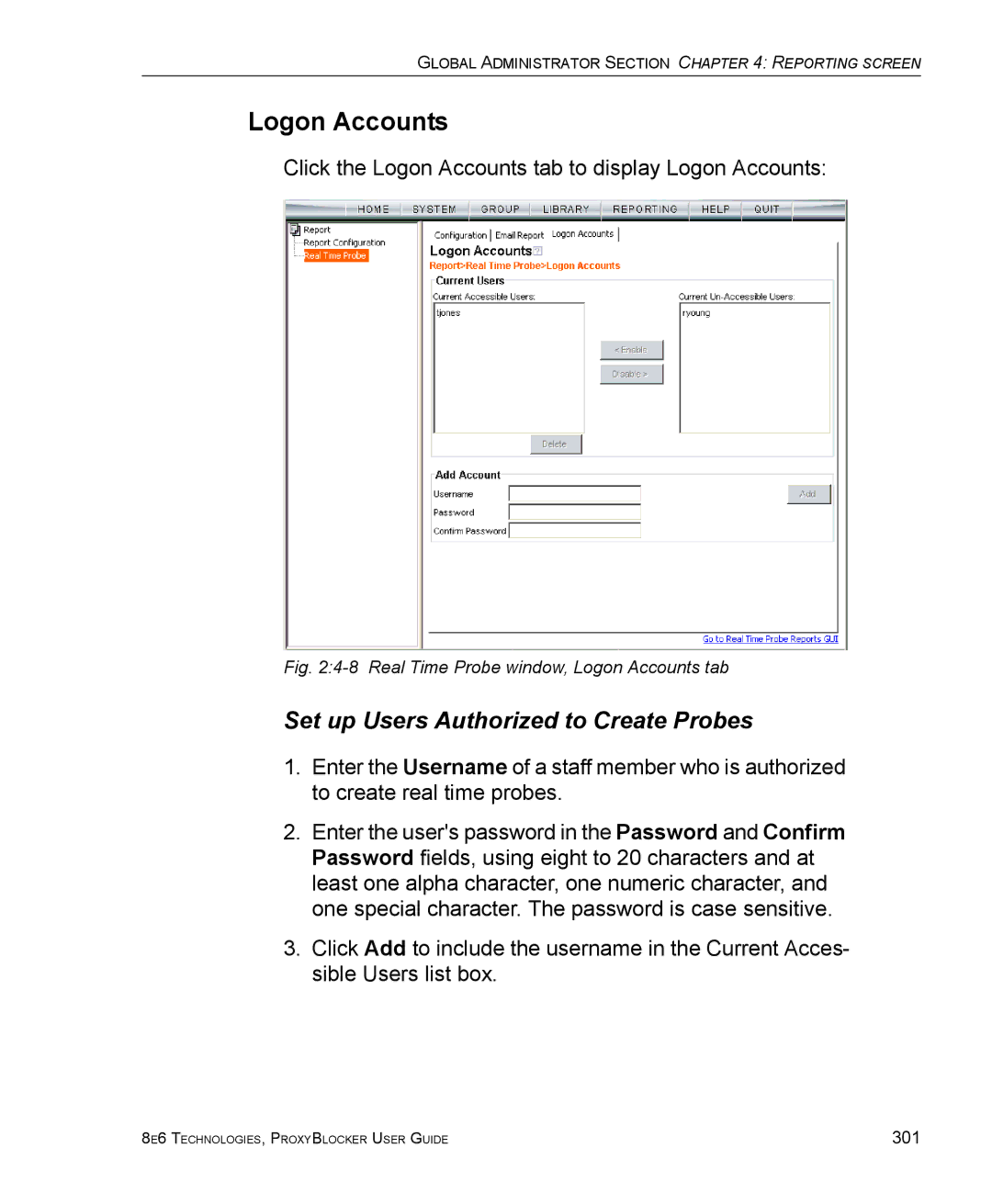 8e6 Technologies ProxyBlocker manual Set up Users Authorized to Create Probes, Real Time Probe window, Logon Accounts tab 