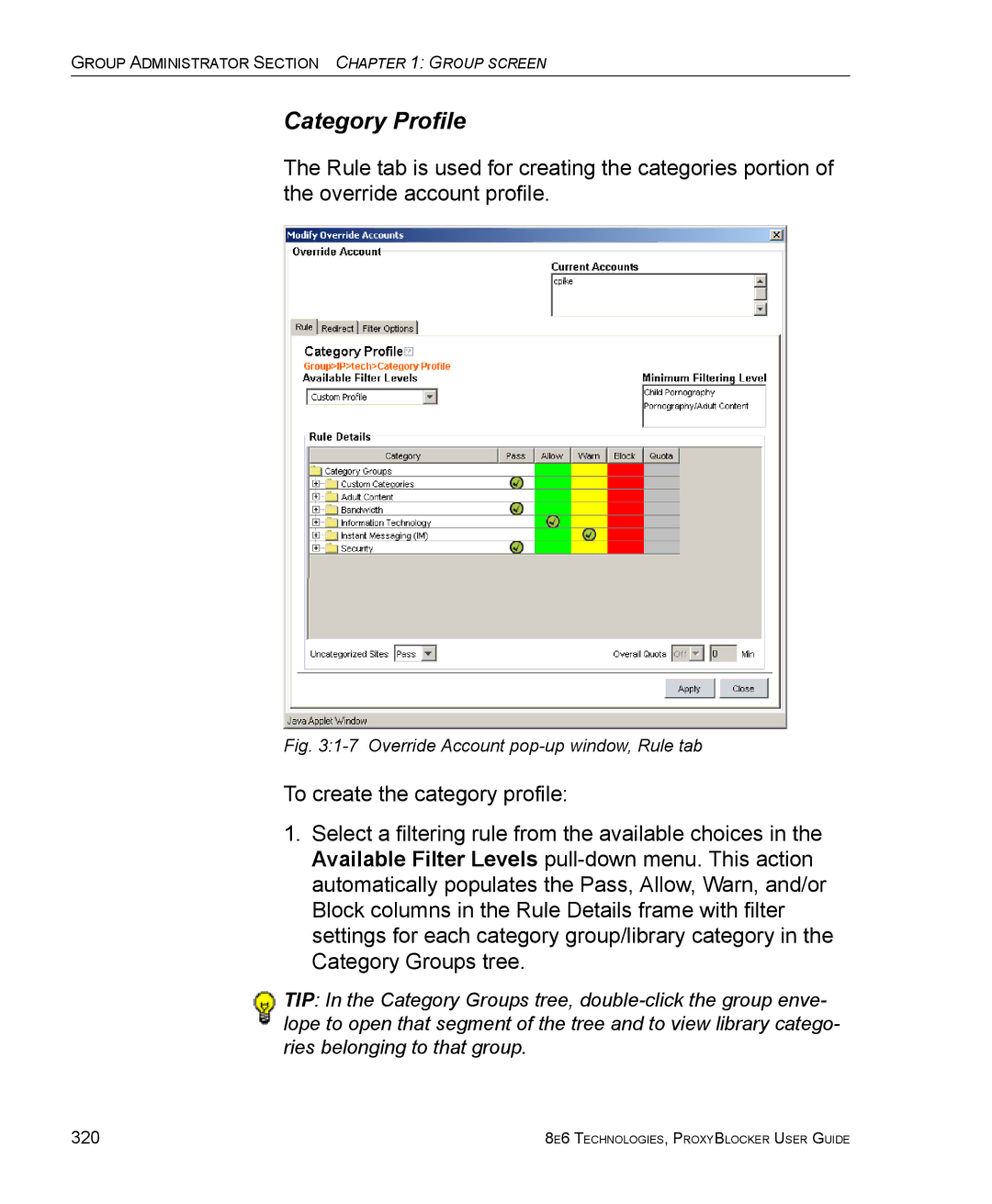 8e6 Technologies ProxyBlocker manual Override Account pop-up window, Rule tab 