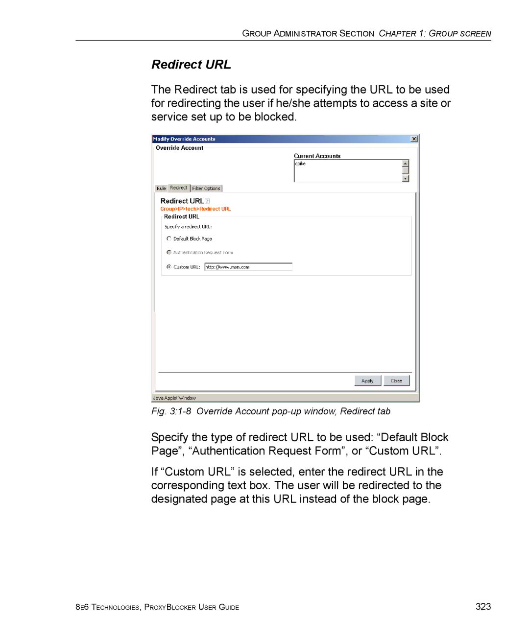 8e6 Technologies ProxyBlocker manual Override Account pop-up window, Redirect tab 