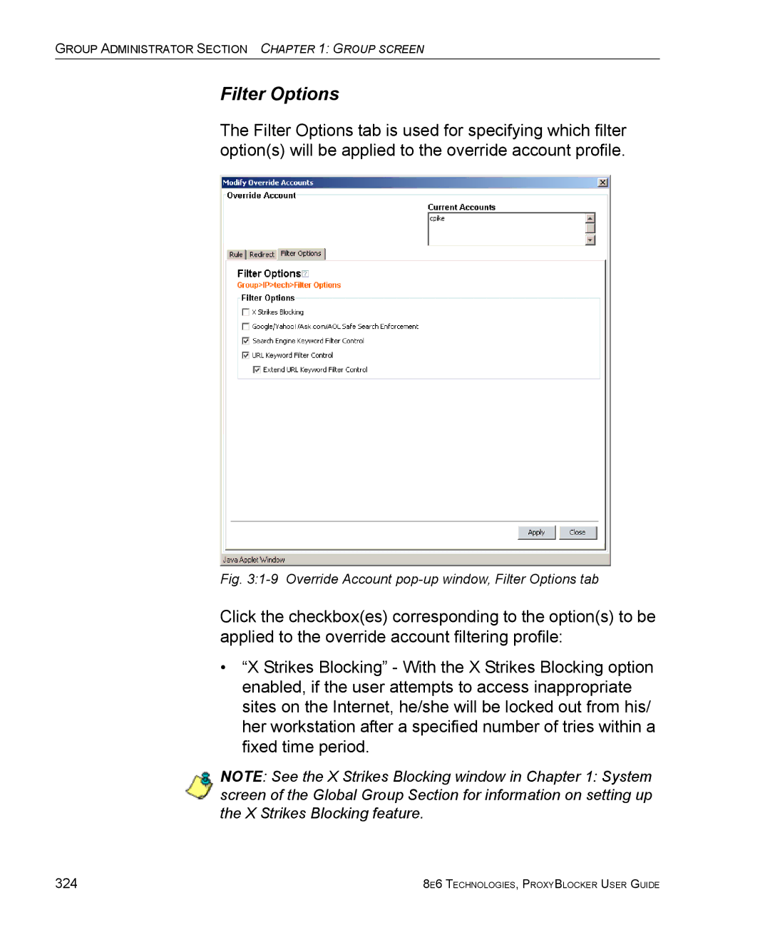 8e6 Technologies ProxyBlocker manual Override Account pop-up window, Filter Options tab 