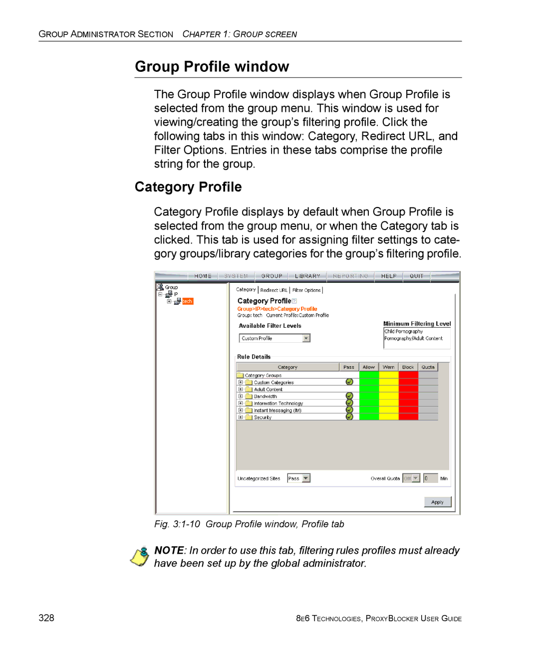 8e6 Technologies ProxyBlocker manual Group Profile window, Profile tab 