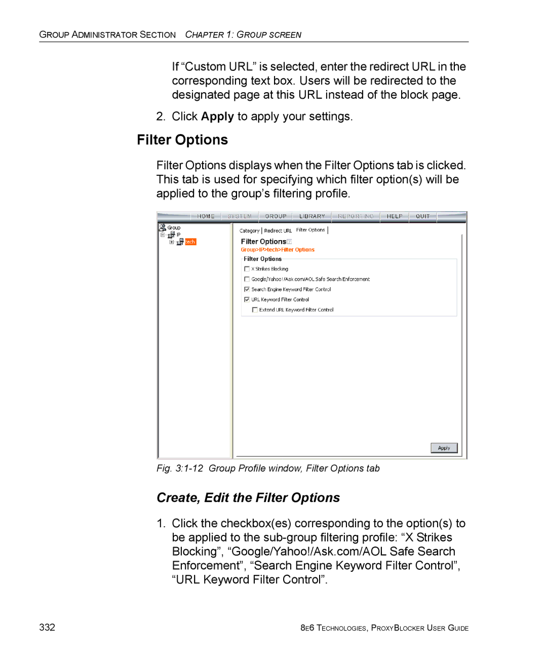 8e6 Technologies ProxyBlocker manual Group Profile window, Filter Options tab 