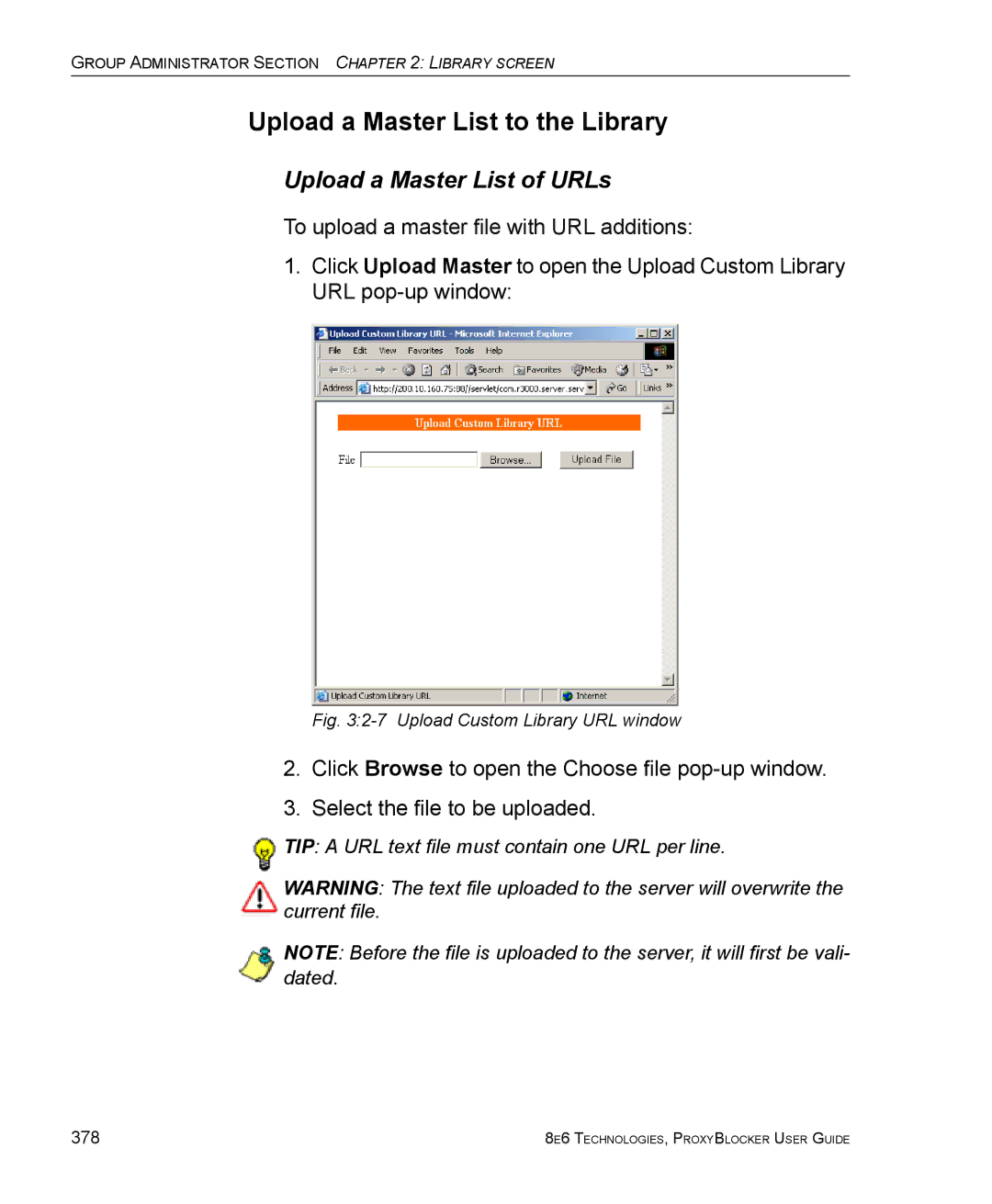 8e6 Technologies ProxyBlocker manual Upload a Master List to the Library, Upload a Master List of URLs 