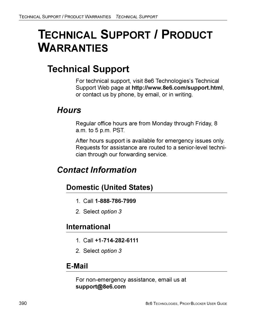 8e6 Technologies ProxyBlocker manual Technical Support, Hours, Contact Information 