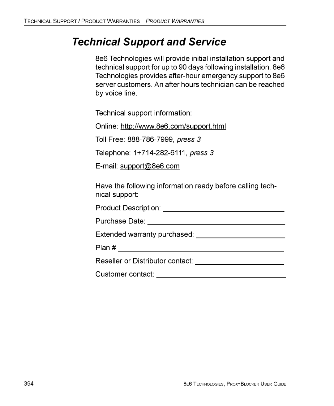 8e6 Technologies ProxyBlocker manual Technical Support and Service, 394 