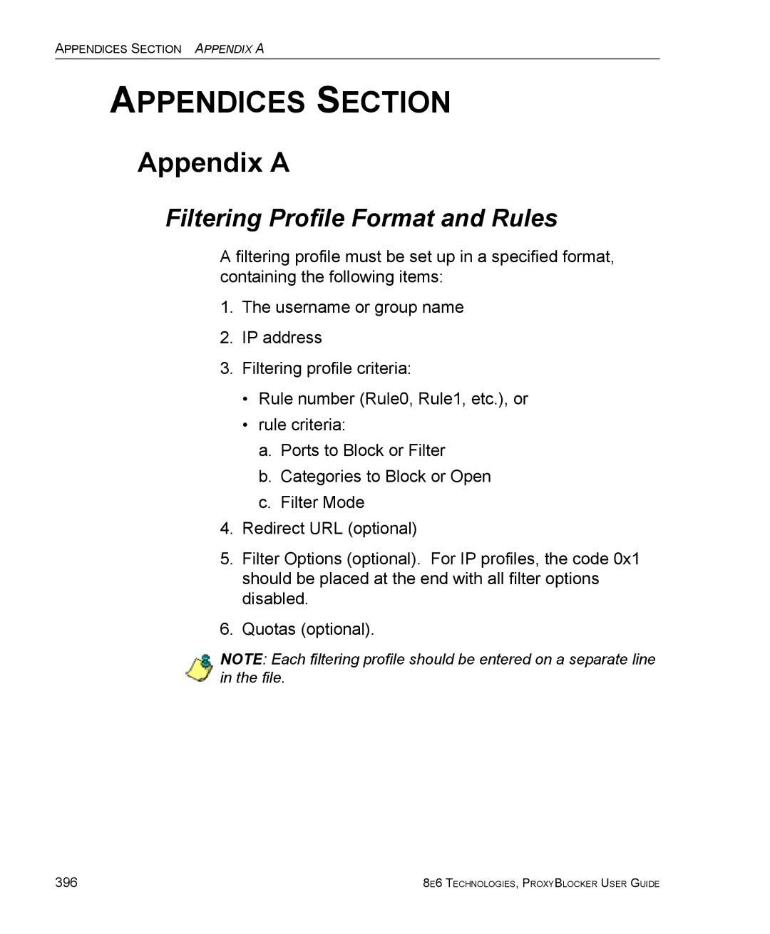 8e6 Technologies ProxyBlocker manual Appendix a, Filtering Profile Format and Rules 