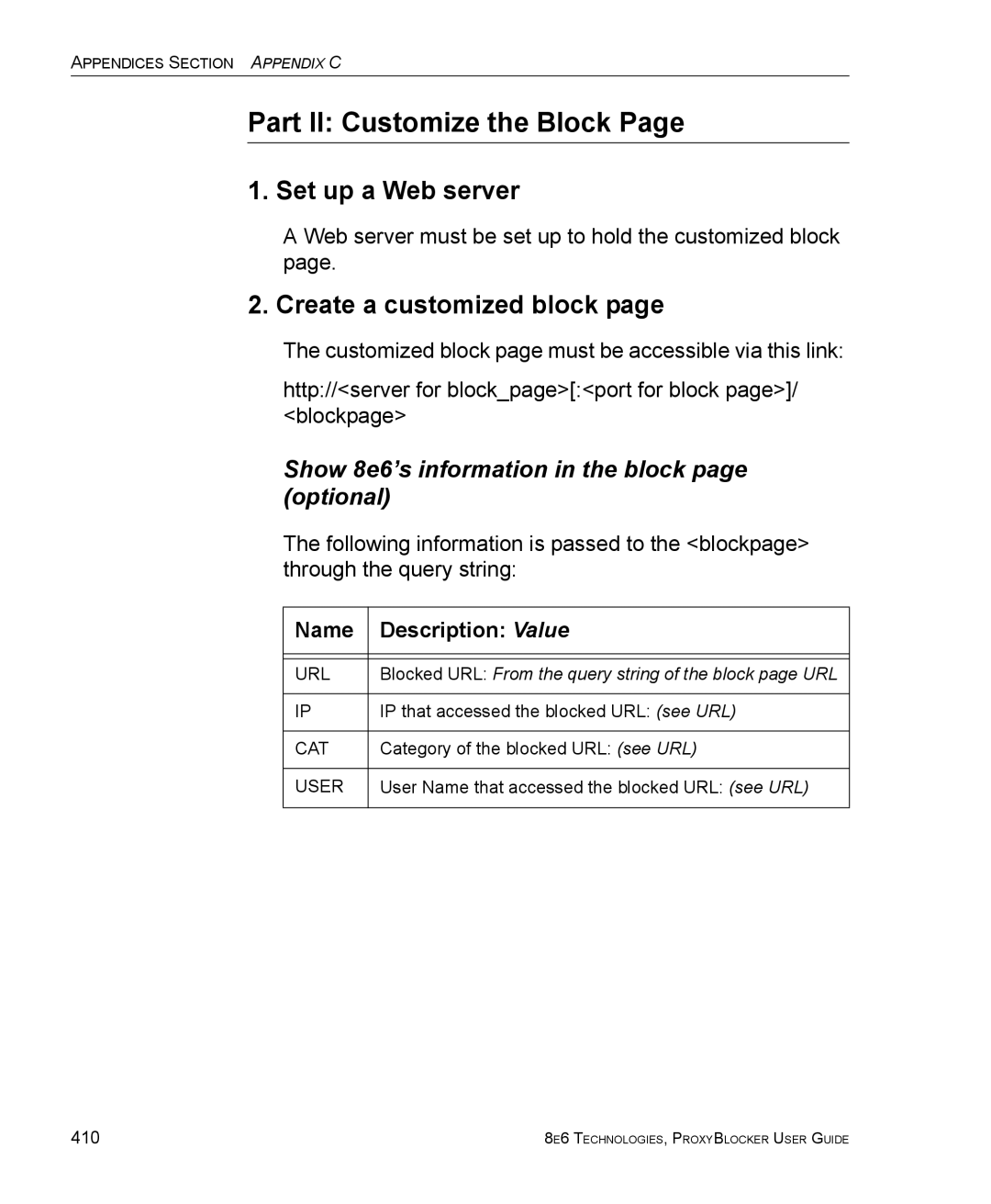 8e6 Technologies ProxyBlocker manual Part II Customize the Block, Set up a Web server, Create a customized block 