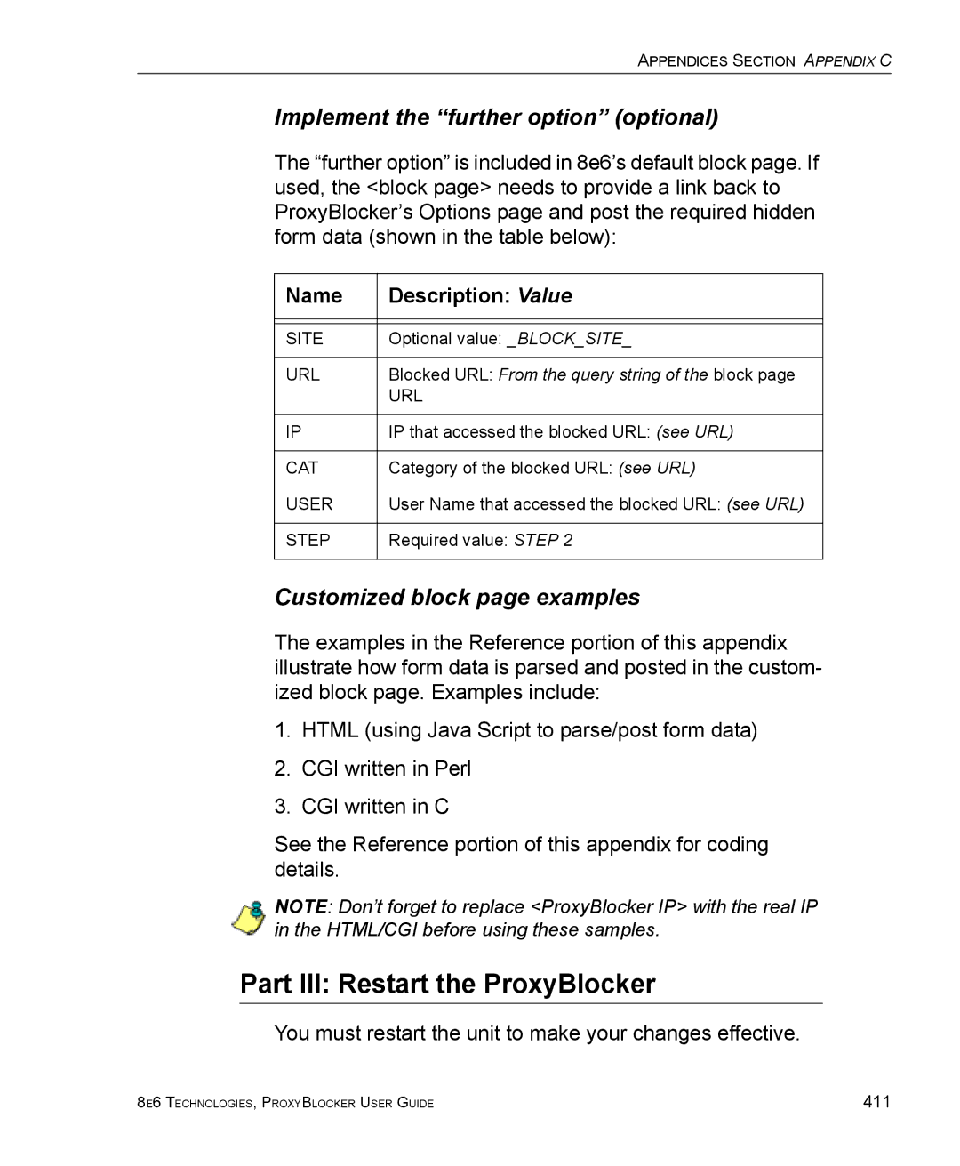 8e6 Technologies manual Part III Restart the ProxyBlocker, Implement the further option optional 