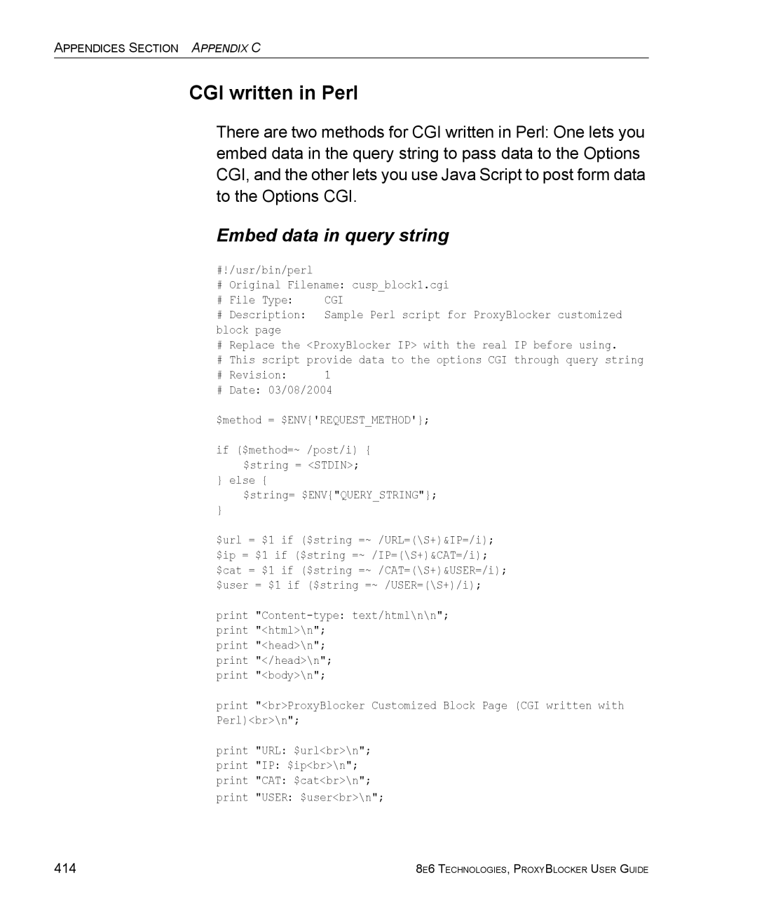 8e6 Technologies ProxyBlocker manual CGI written in Perl, Embed data in query string 