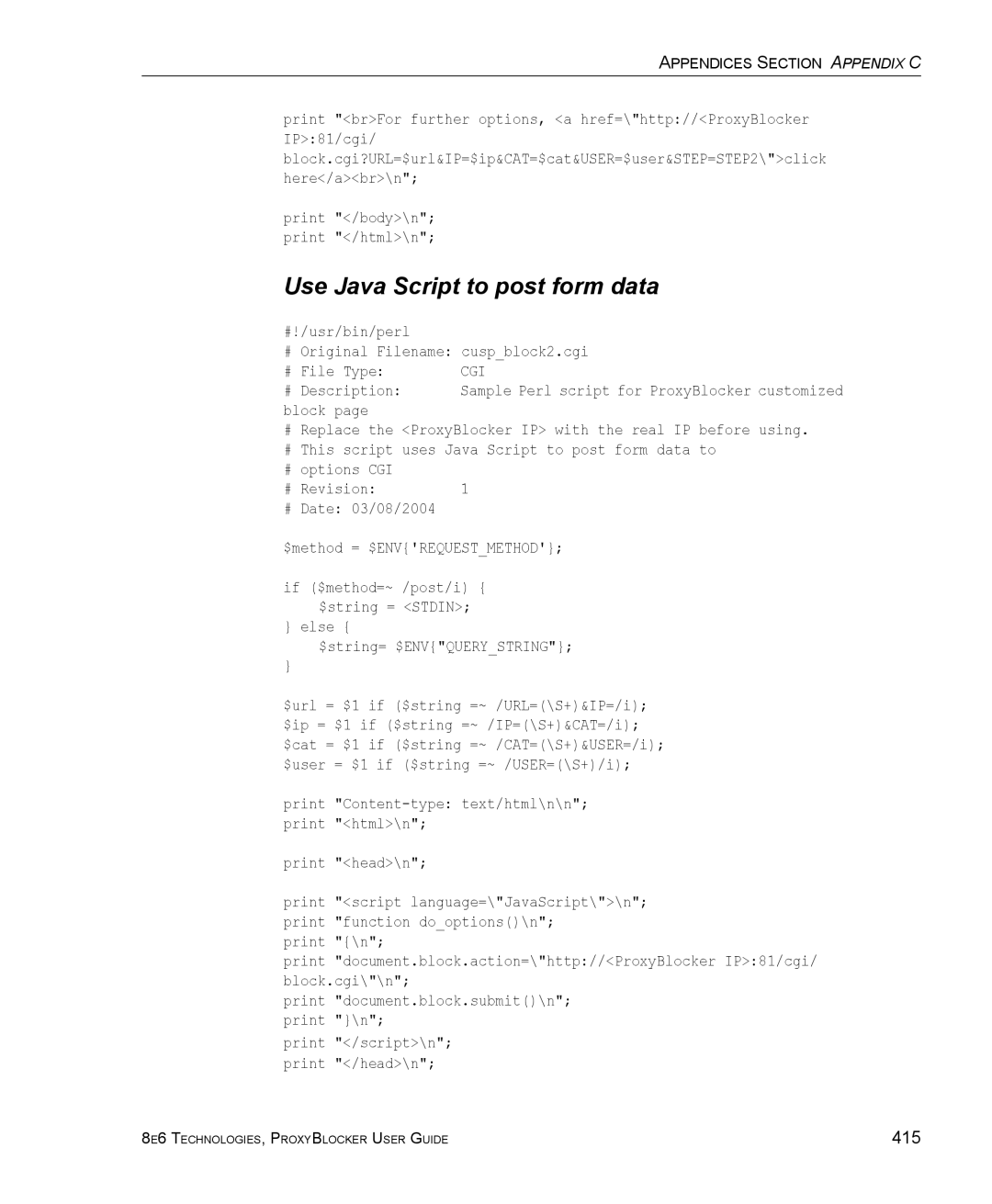 8e6 Technologies ProxyBlocker manual Use Java Script to post form data, Cgi 