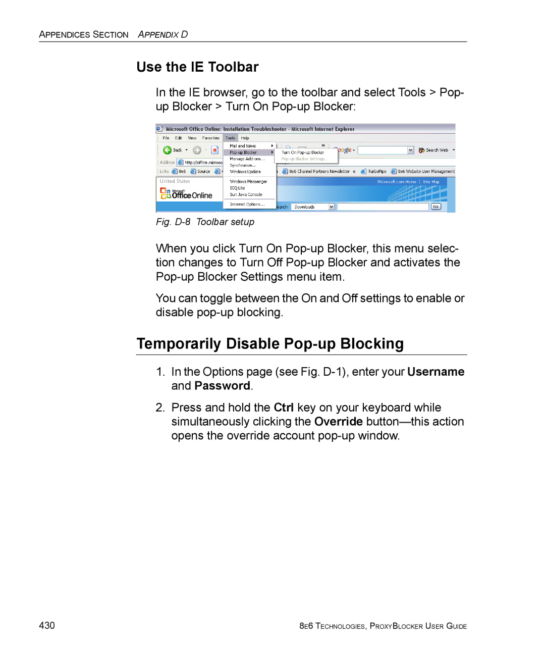 8e6 Technologies ProxyBlocker manual Use the IE Toolbar, Fig. D-8 Toolbar setup 