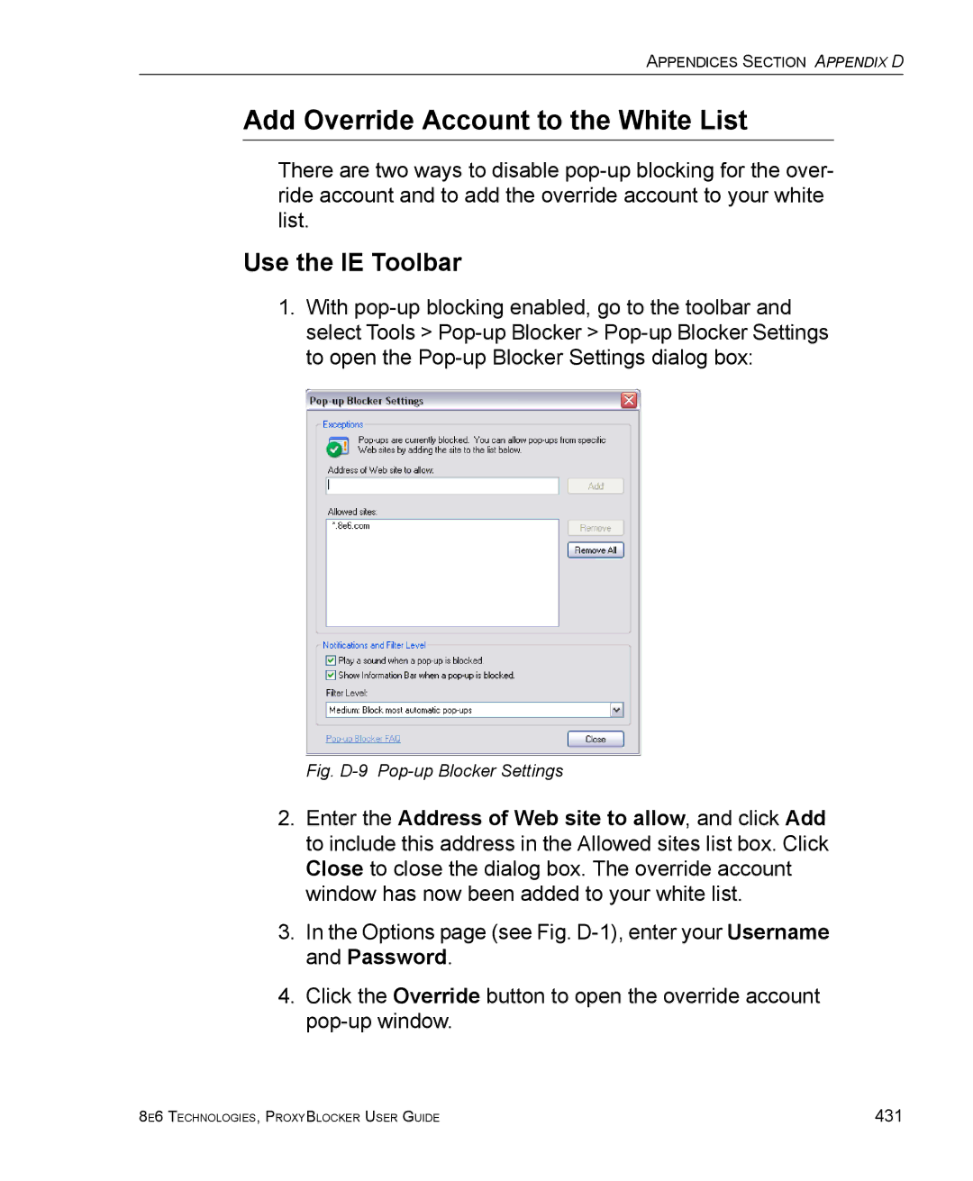 8e6 Technologies ProxyBlocker manual Fig. D-9 Pop-up Blocker Settings 