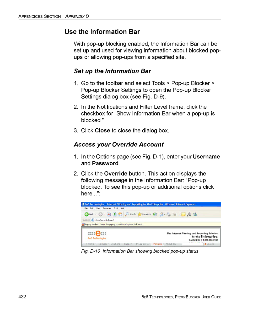 8e6 Technologies ProxyBlocker manual Use the Information Bar, Set up the Information Bar, Access your Override Account 