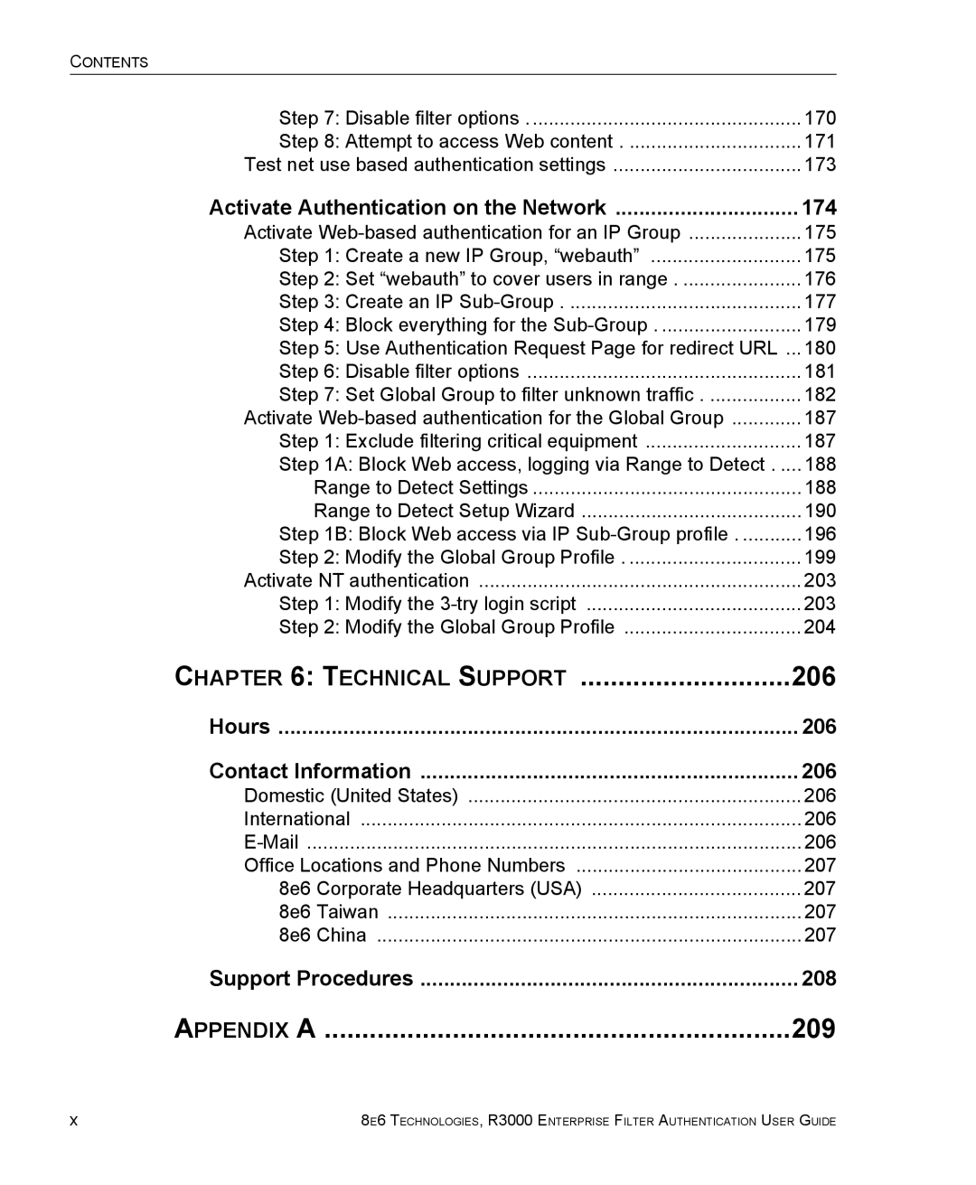 8e6 Technologies R3000 manual 174, Hours 206 Contact Information, 208 