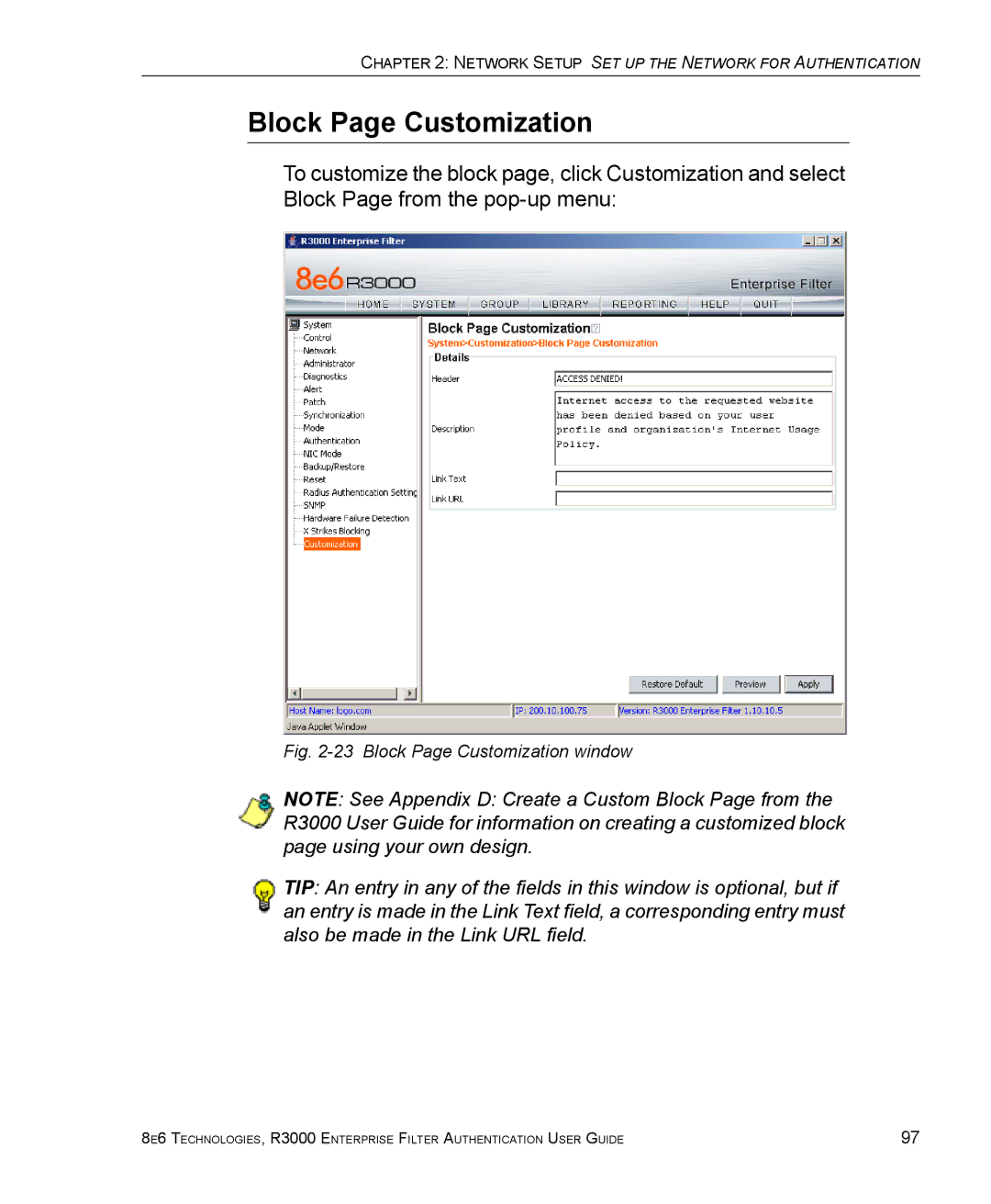 8e6 Technologies R3000 manual Block Page Customization window 