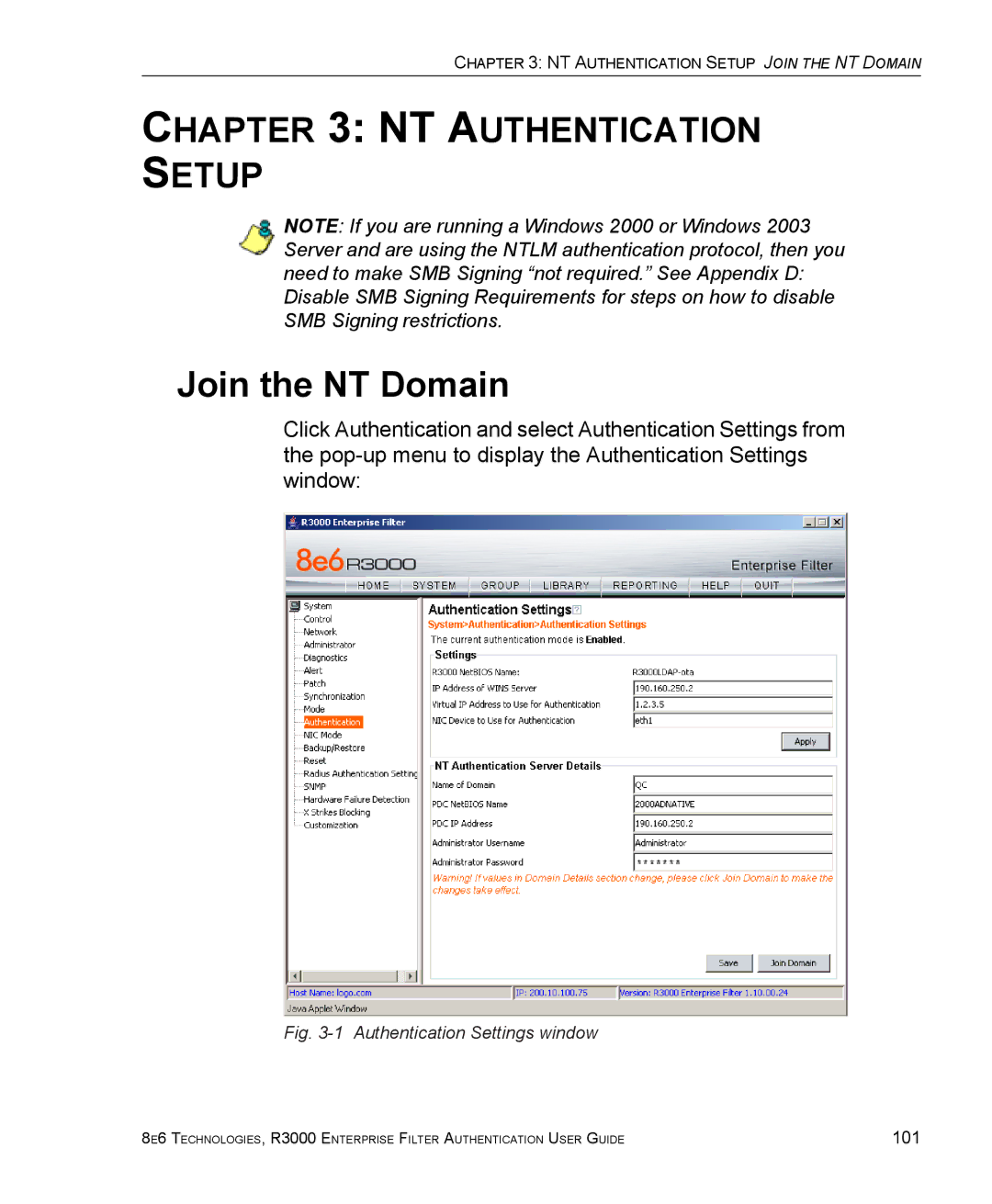 8e6 Technologies R3000 manual Join the NT Domain, Authentication Settings window 