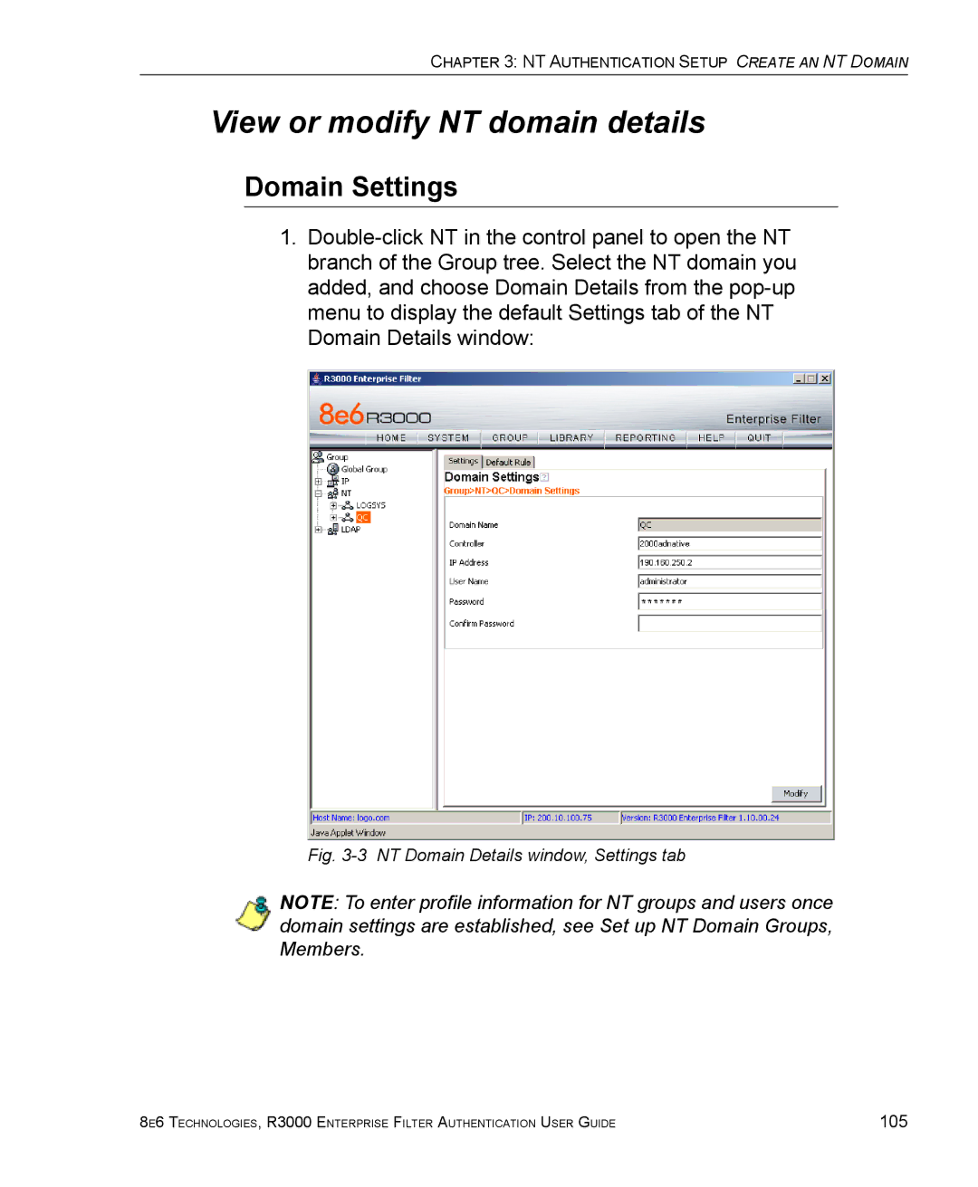 8e6 Technologies R3000 manual View or modify NT domain details, Domain Settings 