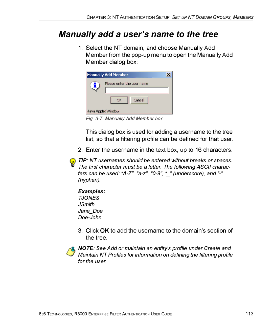 8e6 Technologies R3000 manual Manually add a user’s name to the tree, Manually Add Member box 