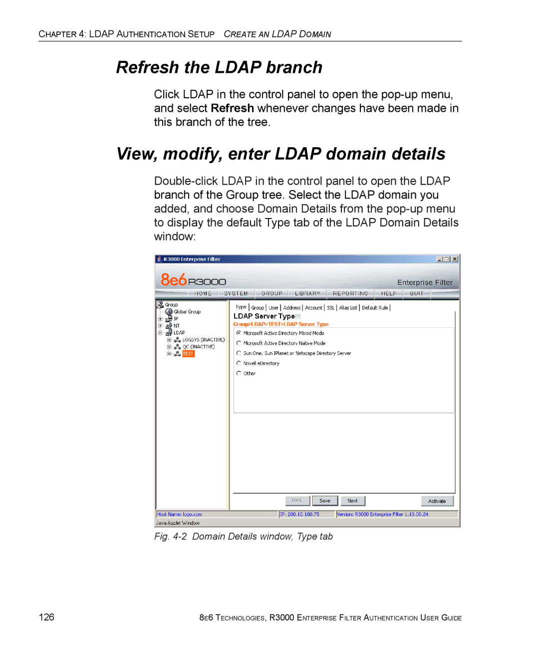 8e6 Technologies R3000 manual Refresh the Ldap branch, View, modify, enter Ldap domain details, 126 