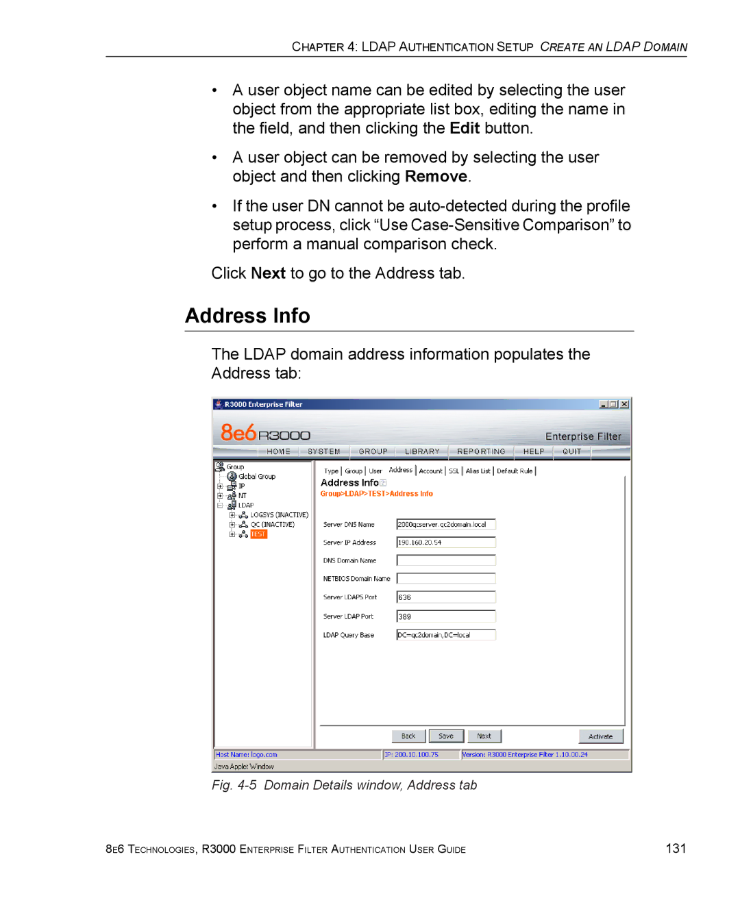 8e6 Technologies R3000 manual Address Info, Ldap domain address information populates the Address tab 