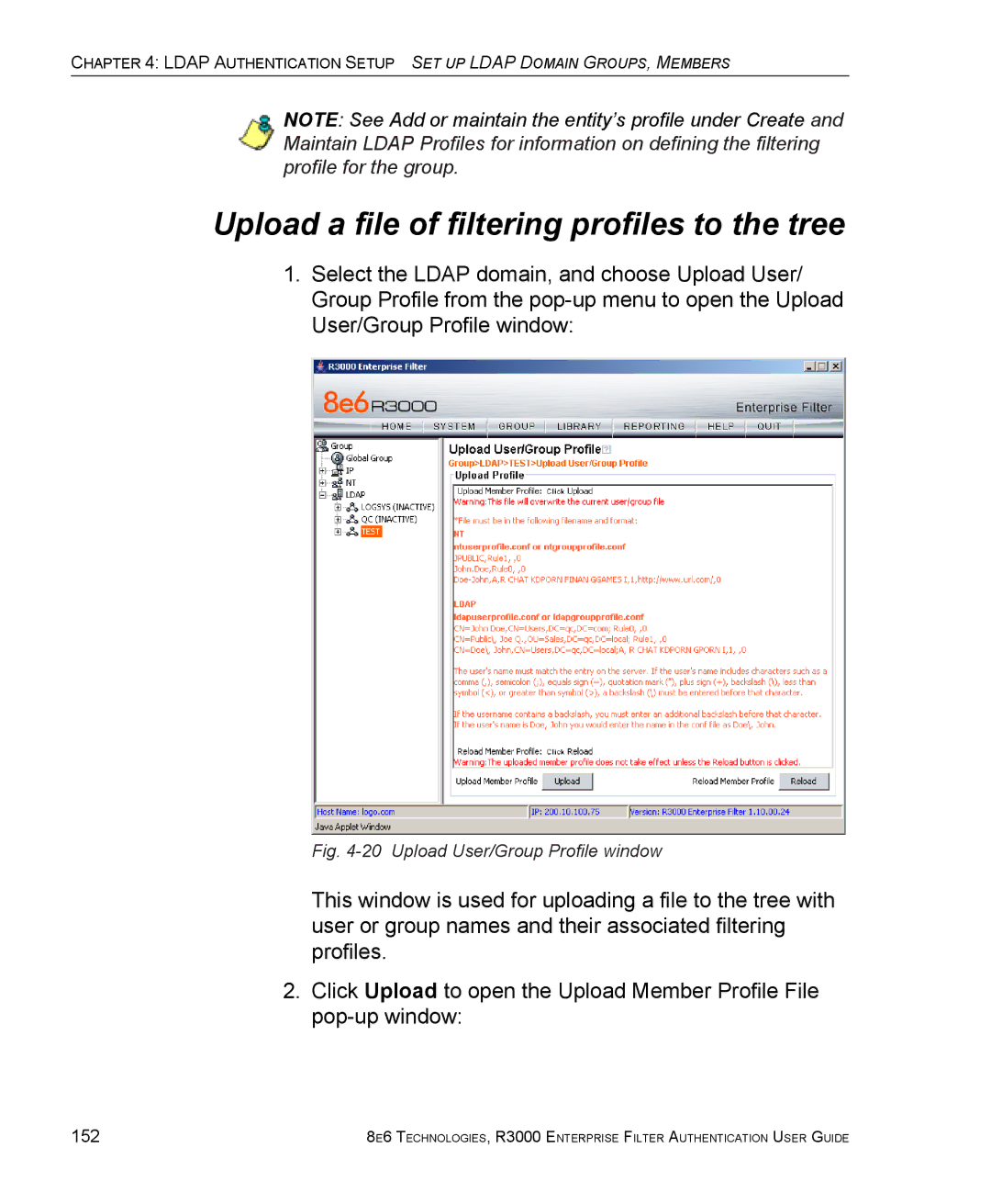 8e6 Technologies R3000 manual Upload User/Group Profile window, 152 