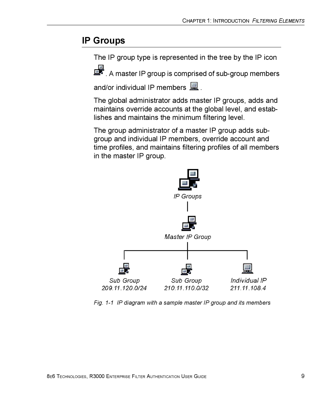 8e6 Technologies R3000 manual IP Groups, IP diagram with a sample master IP group and its members 