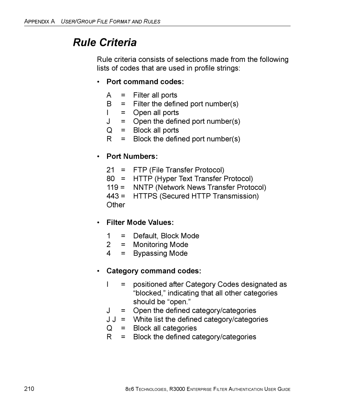 8e6 Technologies R3000 manual Rule Criteria, Port command codes, Port Numbers, Filter Mode Values, Category command codes 