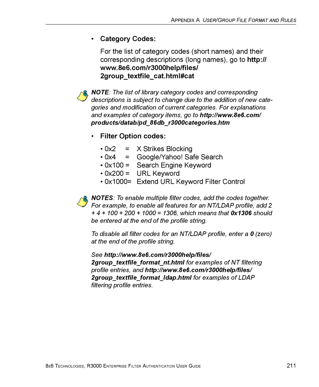 8e6 Technologies R3000 manual Category Codes Filter Option codes 