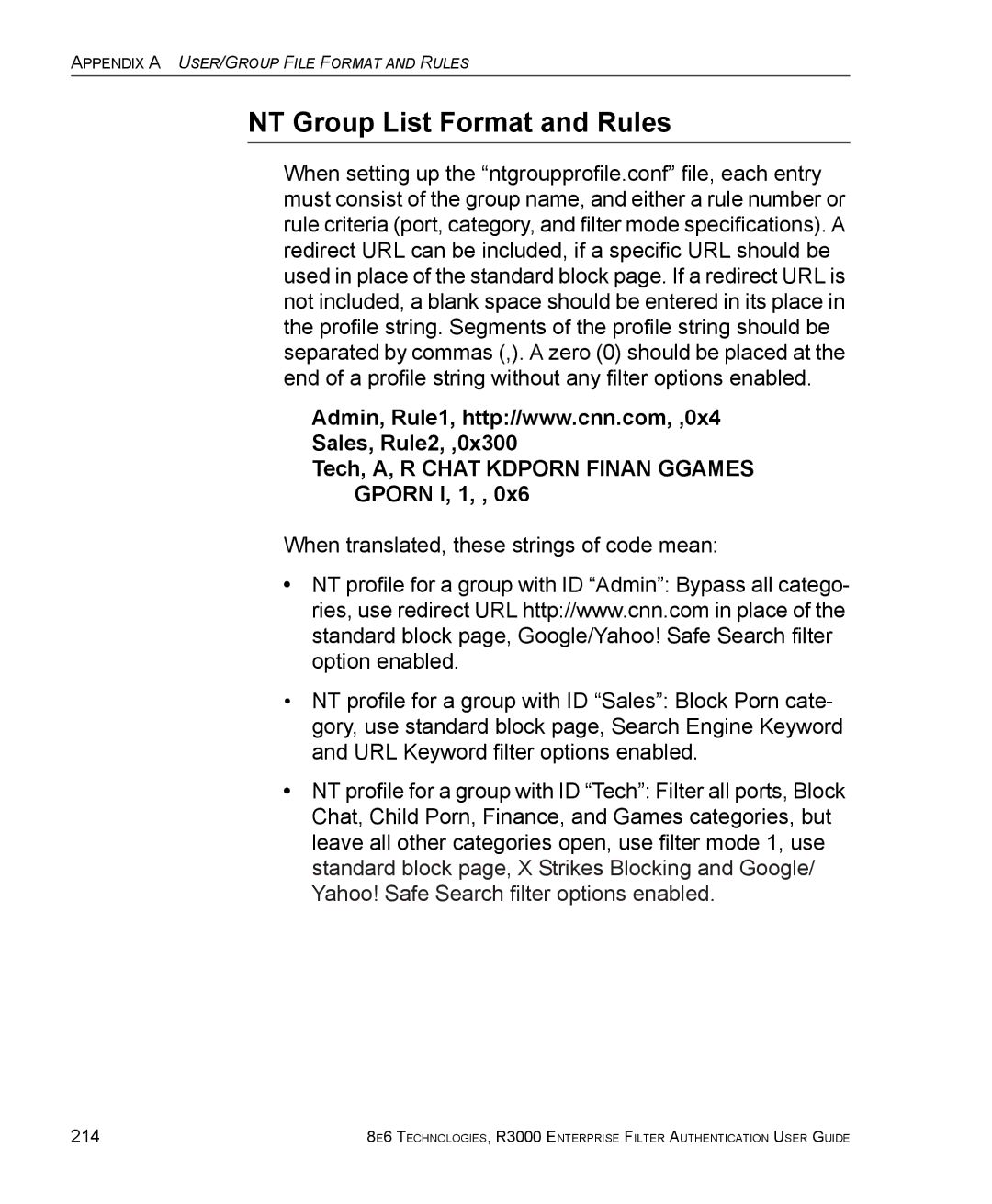 8e6 Technologies R3000 manual NT Group List Format and Rules, 214 