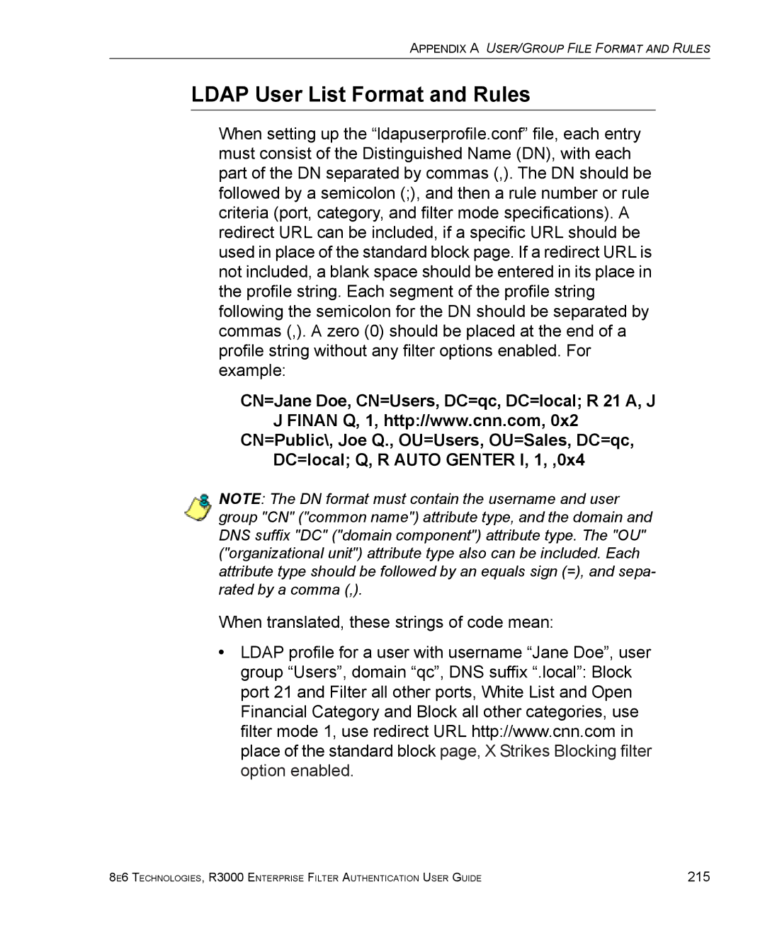 8e6 Technologies R3000 manual Ldap User List Format and Rules, When translated, these strings of code mean 