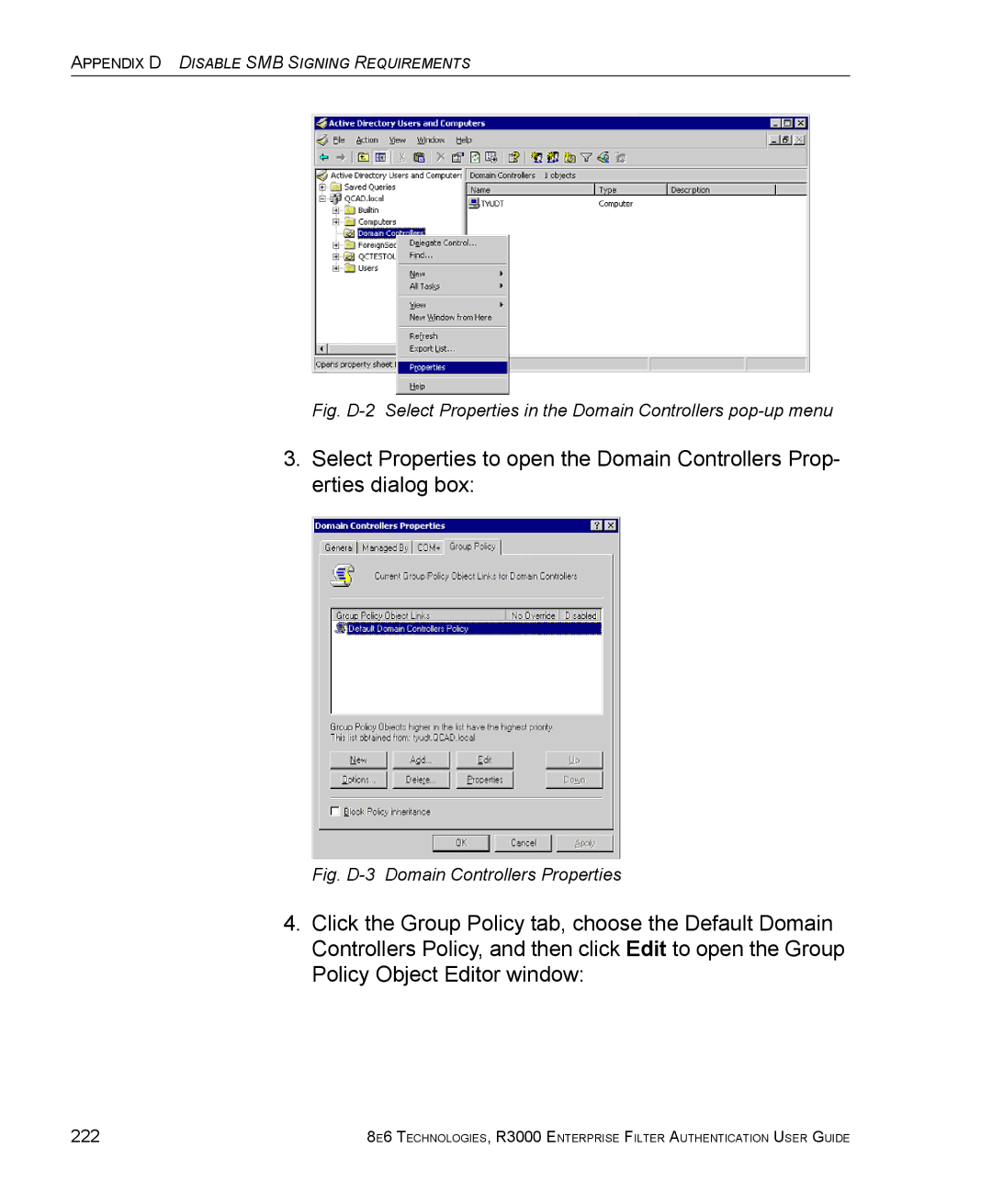 8e6 Technologies R3000 manual Fig. D-3 Domain Controllers Properties, 222 