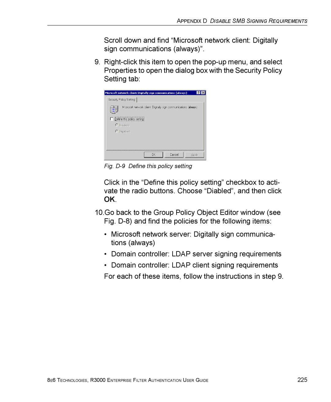 8e6 Technologies R3000 manual Fig. D-9 Define this policy setting 