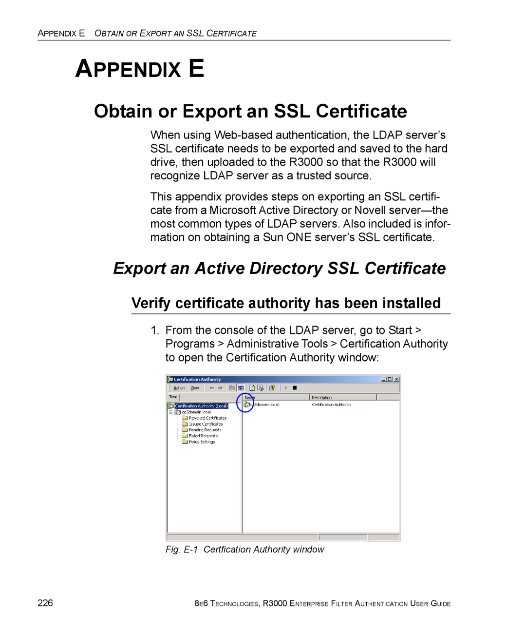 8e6 Technologies R3000 manual Obtain or Export an SSL Certificate, Export an Active Directory SSL Certificate, 226 