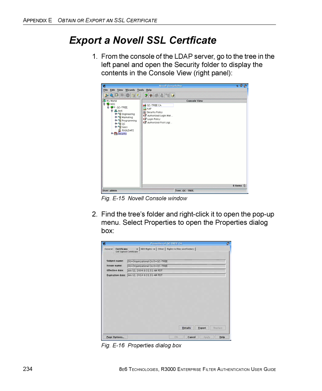 8e6 Technologies R3000 manual Export a Novell SSL Certficate, 234 