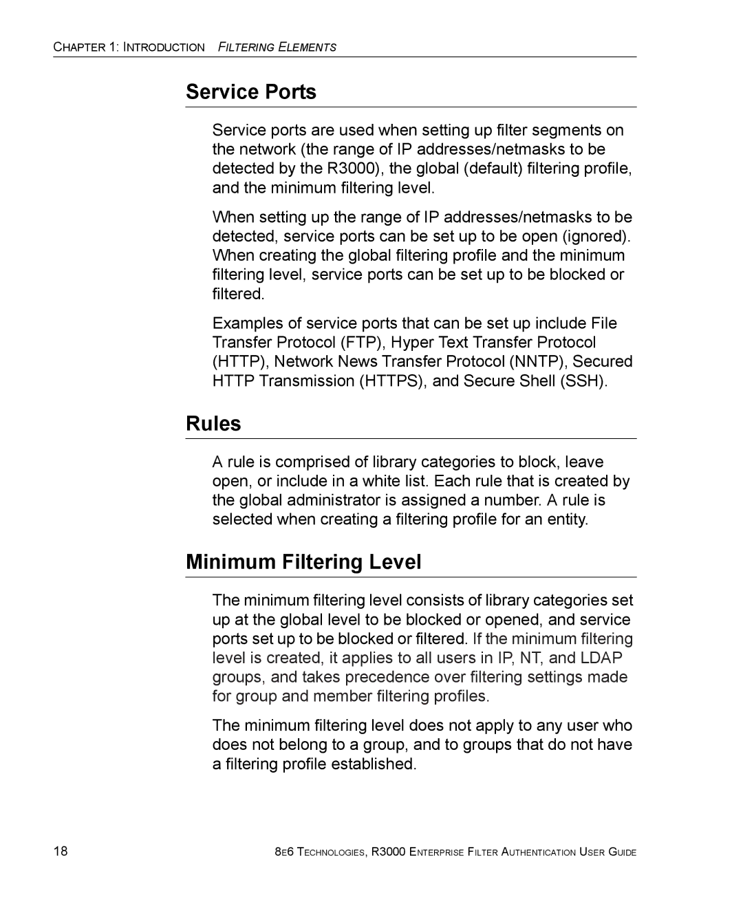 8e6 Technologies R3000 manual Service Ports, Rules, Minimum Filtering Level 