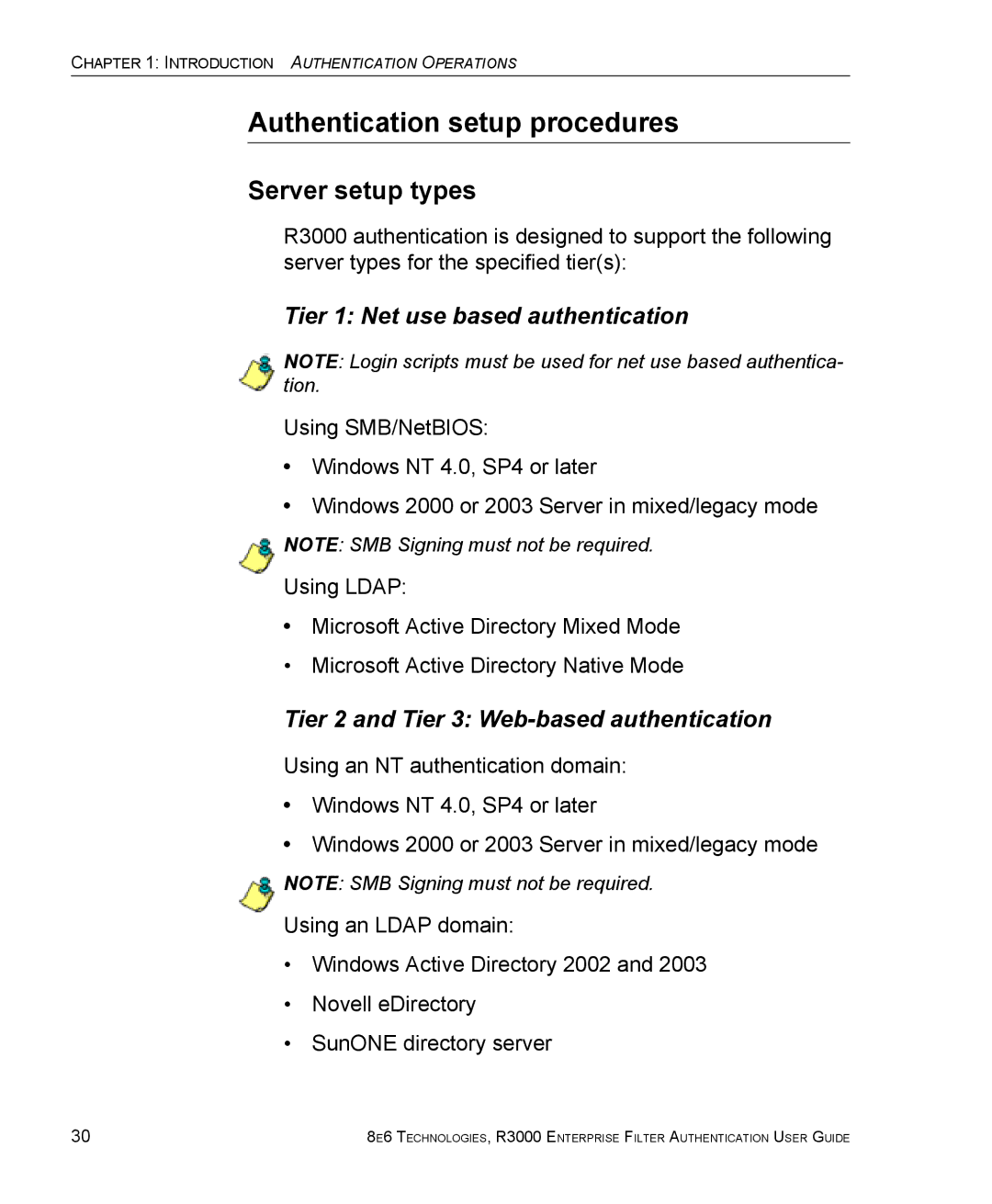 8e6 Technologies R3000 manual Authentication setup procedures, Server setup types 