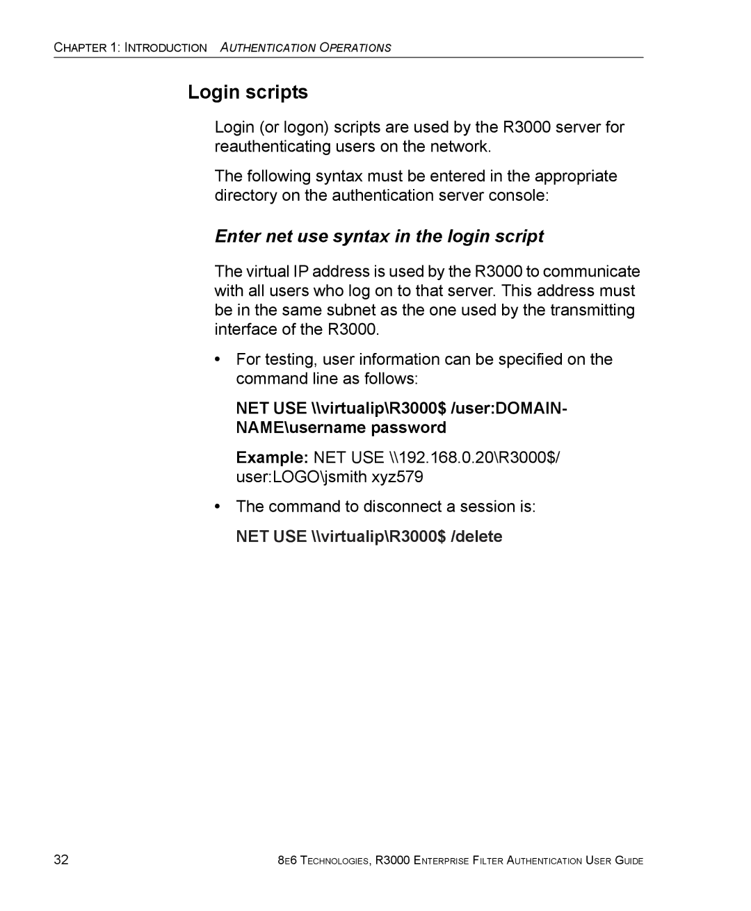 8e6 Technologies R3000 manual Login scripts, Enter net use syntax in the login script 