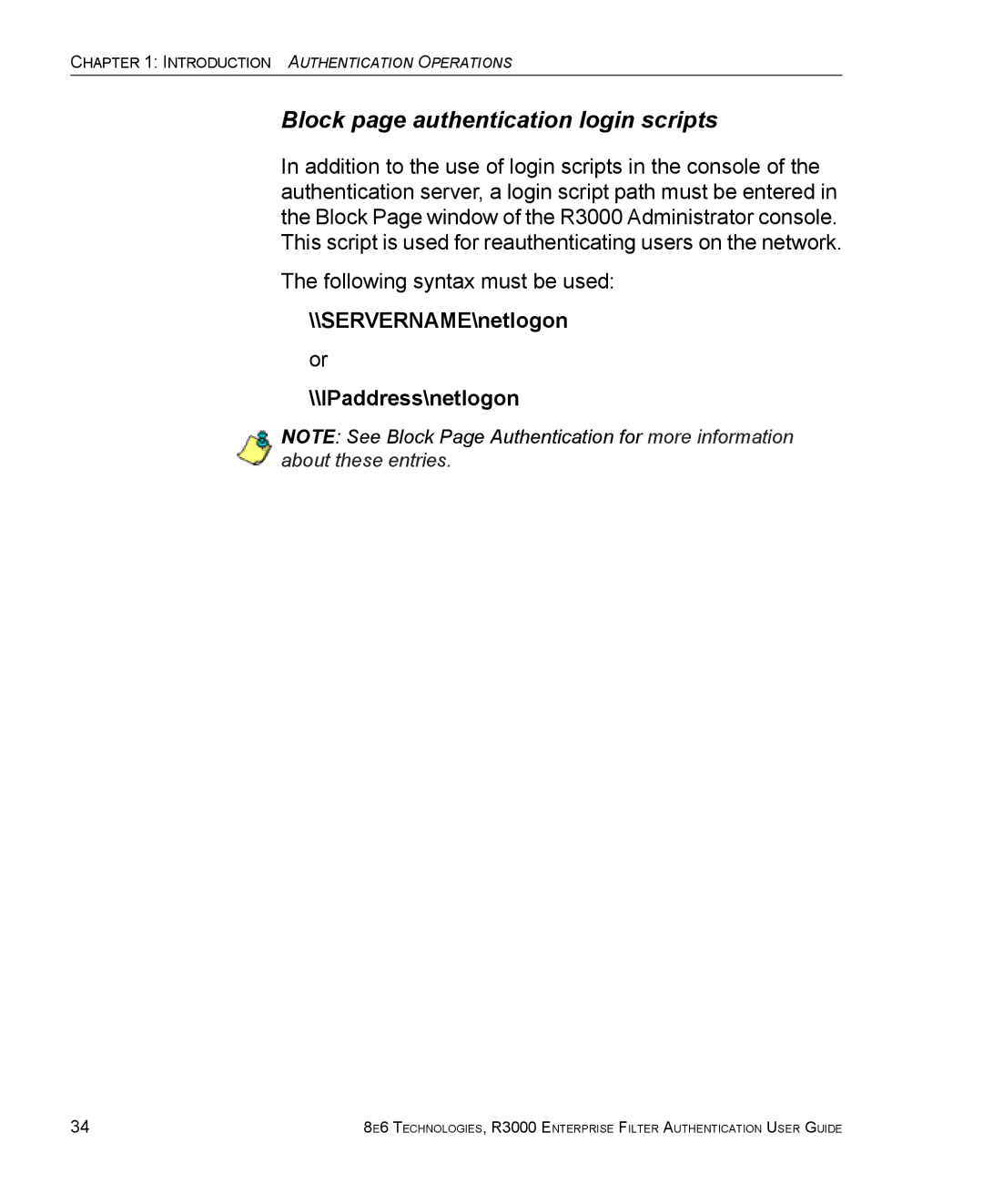 8e6 Technologies R3000 manual Block page authentication login scripts, SERVERNAME\netlogon \\IPaddress\netlogon 