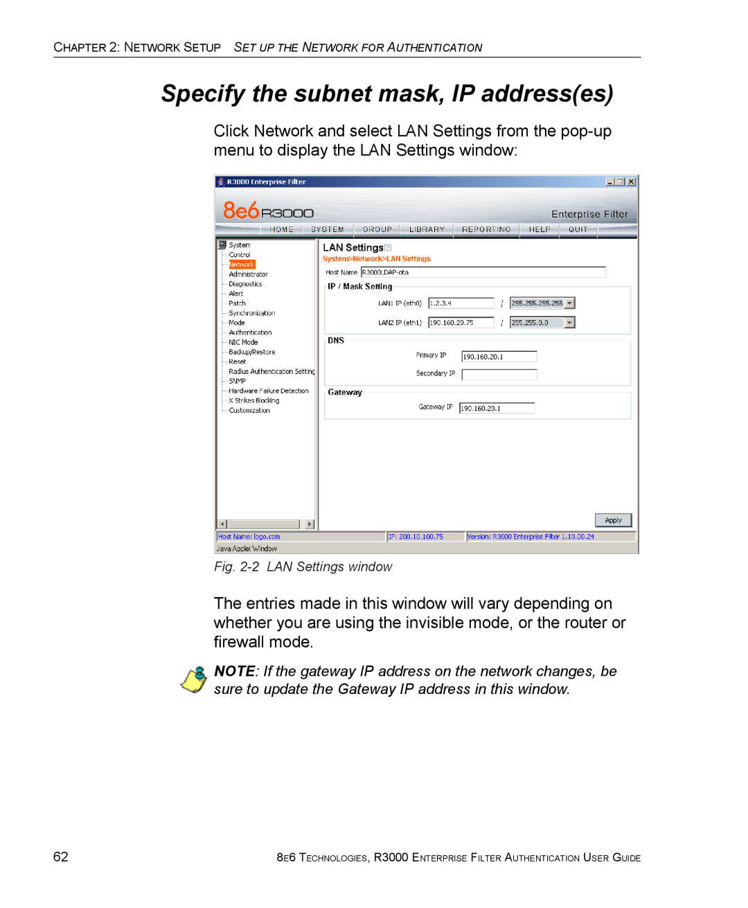 8e6 Technologies R3000 manual Specify the subnet mask, IP addresses, LAN Settings window 