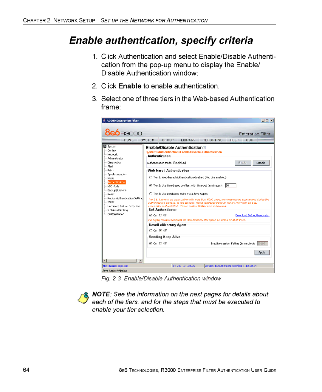 8e6 Technologies R3000 manual Enable authentication, specify criteria, Enable/Disable Authentication window 