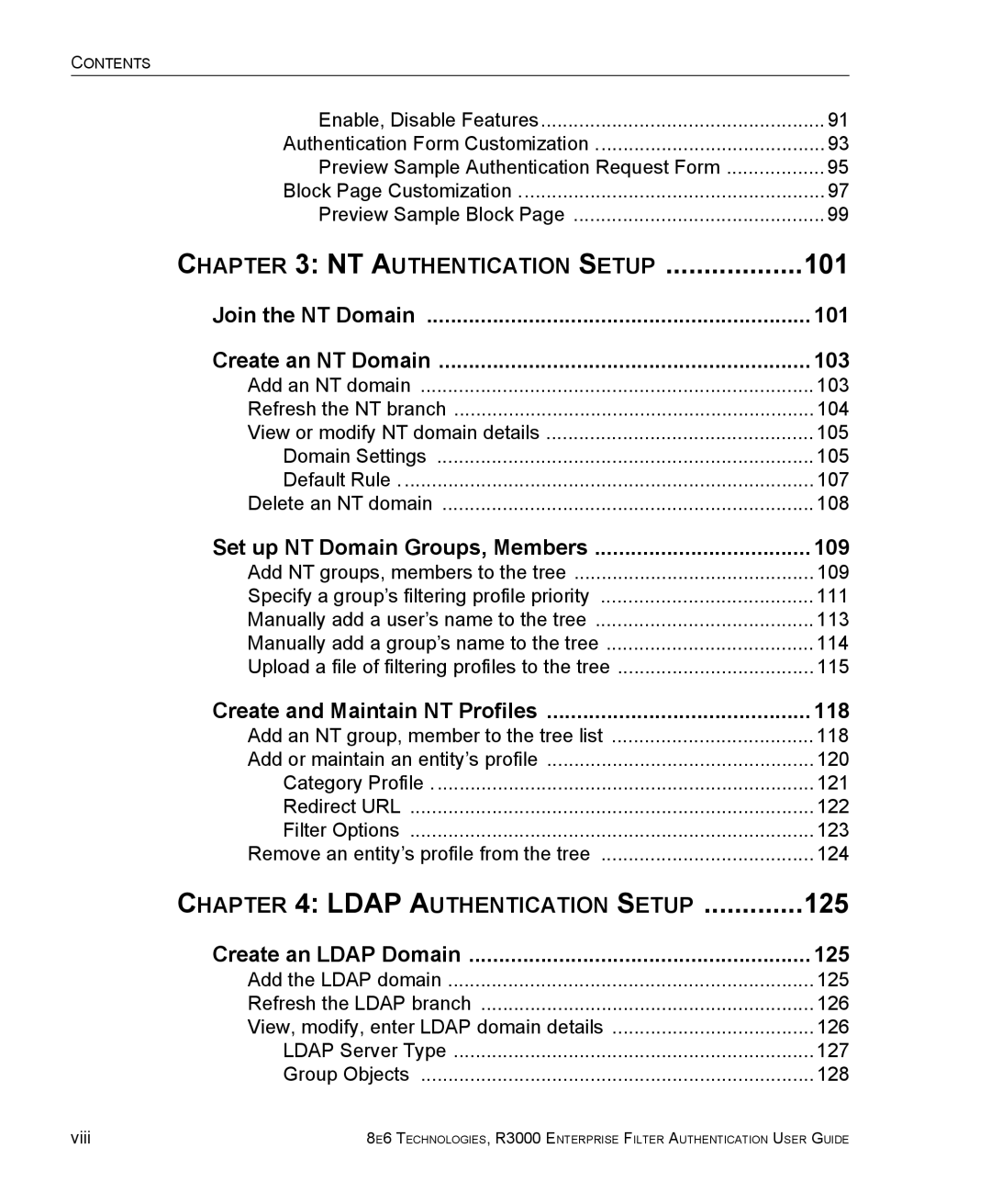 8e6 Technologies R3000 manual Join the NT Domain 101, 103, Set up NT Domain Groups, Members 109, Create an Ldap Domain 125 